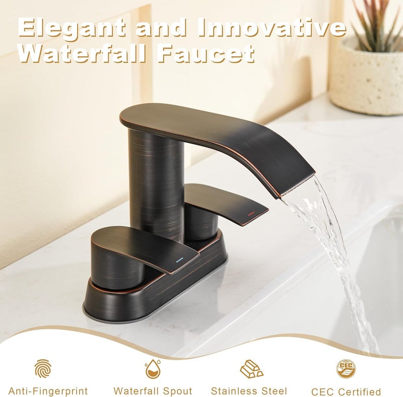 Ultimate Unicorn Bathroom Faucet for Sink Oil Rubbed Bronze, 4 Inch Bathroom Sink Faucet for 3 or 2 Holes, 2 Handle Waterfall Faucets with Pop up Drain, Patent No. : US D983,326 S - Image 4